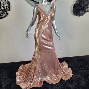 NWT~$600~AVA PRESLEY~8/10~ROSE GOLD SEQUIN FULL LENGTH PROM PAGEANT FORMAL DRESS